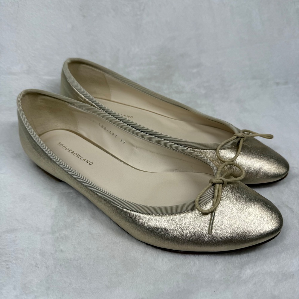 Tomorrowland Metallic Gold‎ Leather Ballet Flats Bow Almond Toe TMD-001 Size 37